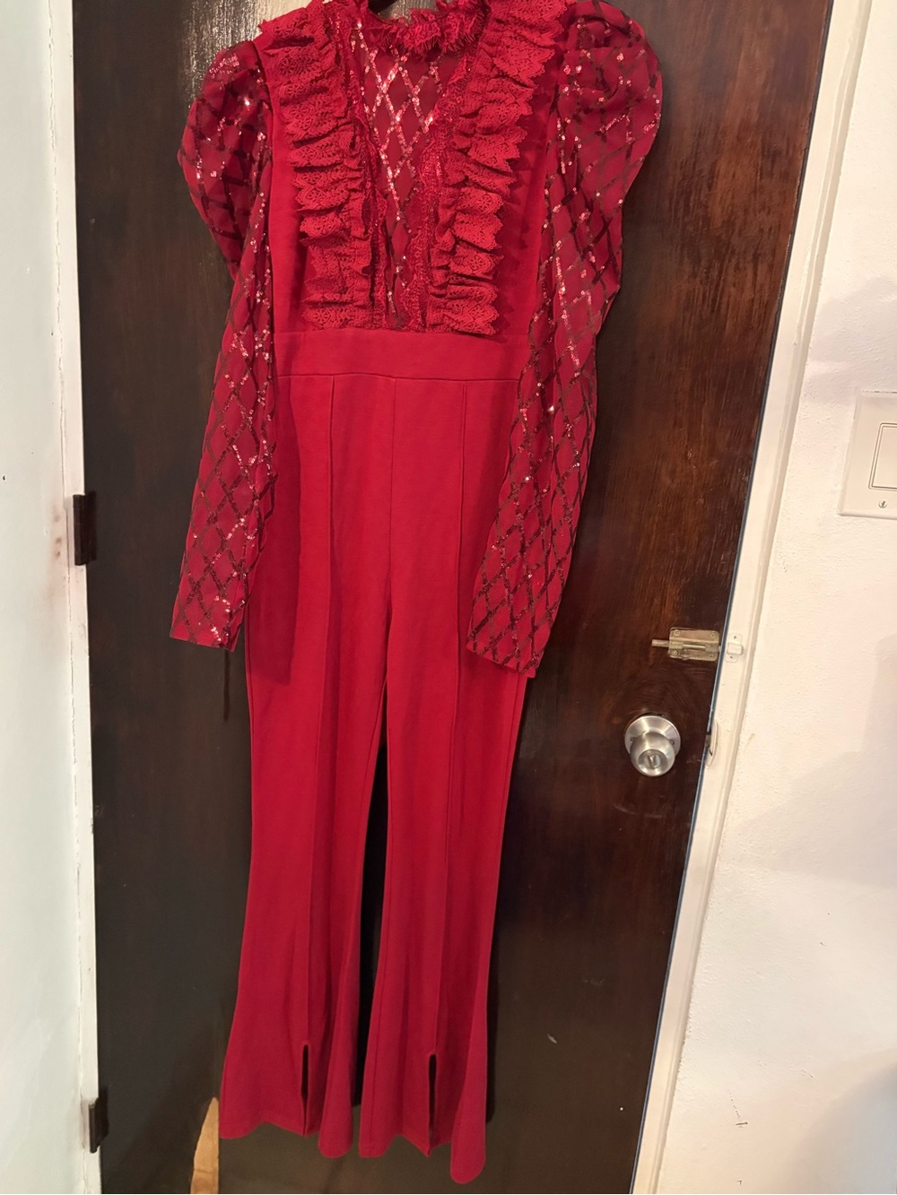 Chic Me Red Ruffle Lace Long-Sleeve Jumpsuit. Size M.